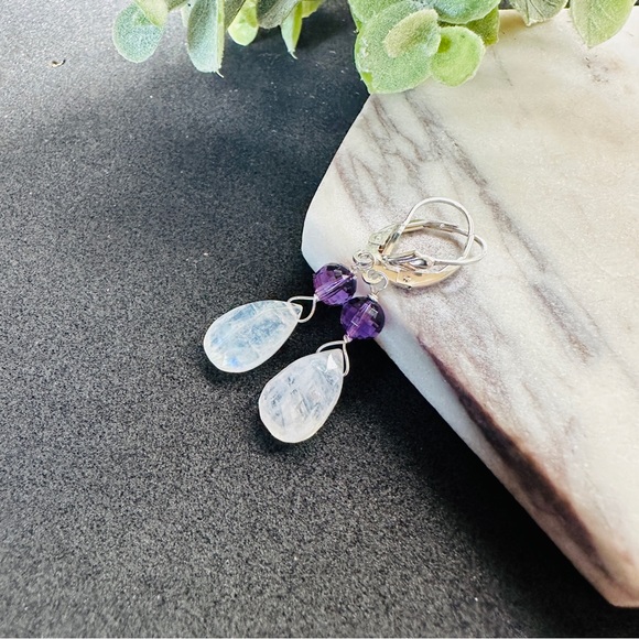 Moonstone and Amethyst Earrings Sterling Silver Lever Back Dangle - Picture 3 of 10